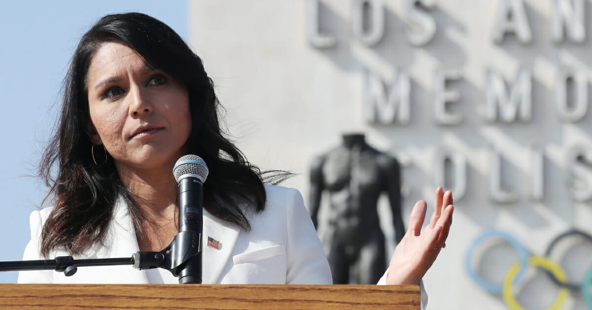 Democratic presidential candidate Rep. Tulsi Gabbard (D-Hawaii) speaks during the inaugural Veterans Day L.A. event held outside of the Los Angeles Memorial Coliseum on Nov. 11, 2019, in Los Angeles, California.