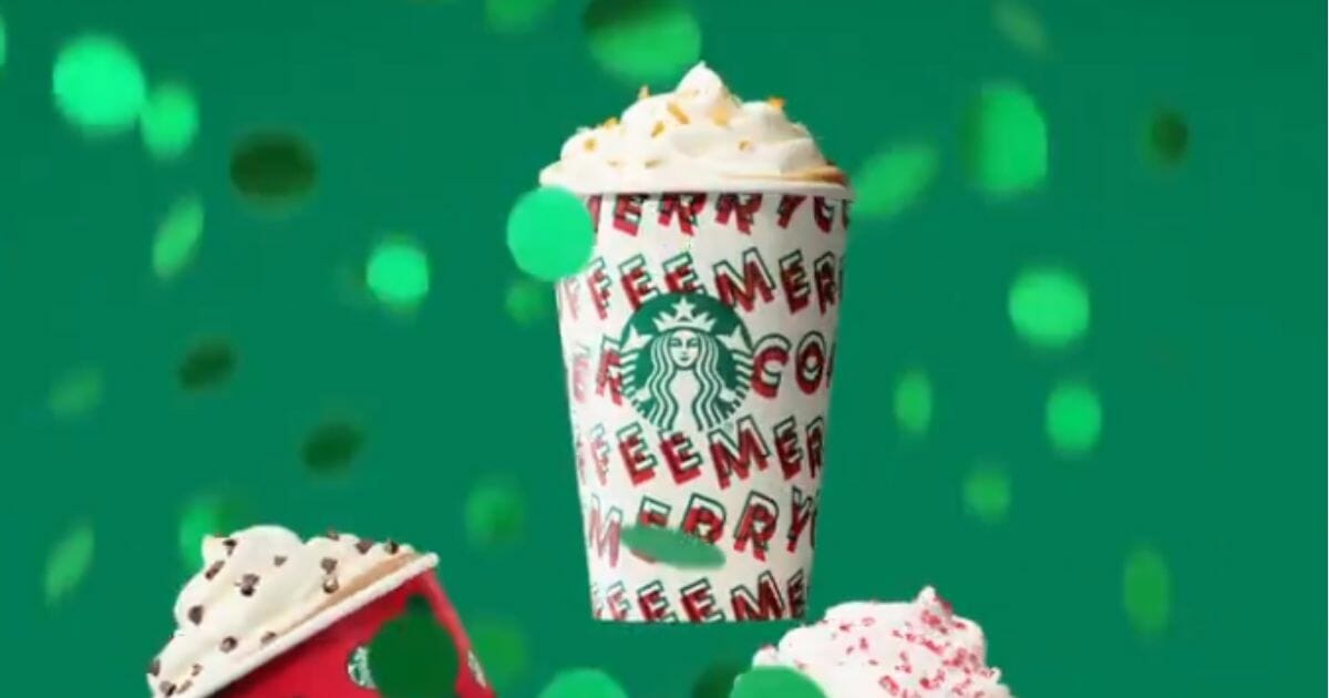Starbucks' 2019 design for its holiday cups, with some printed with a "merry coffee" design.