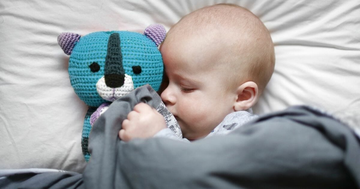 A baby sleeping next to a stuffed toy.