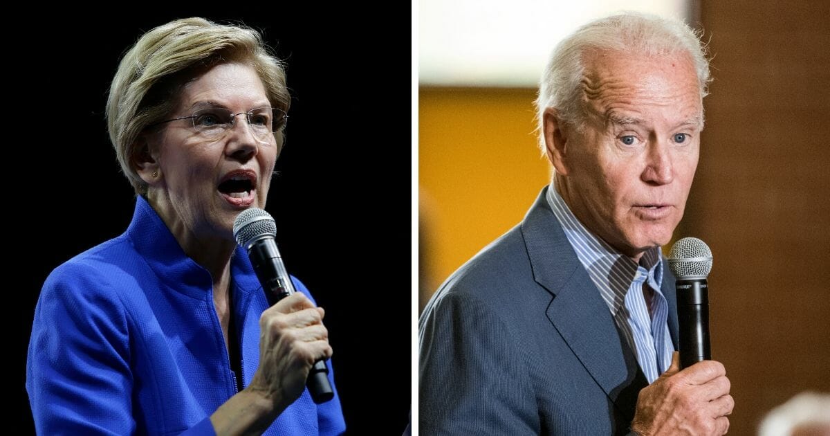 Massachusetts Sen. Elizabeth Warren, left; and former Vice President Joe Biden, right.