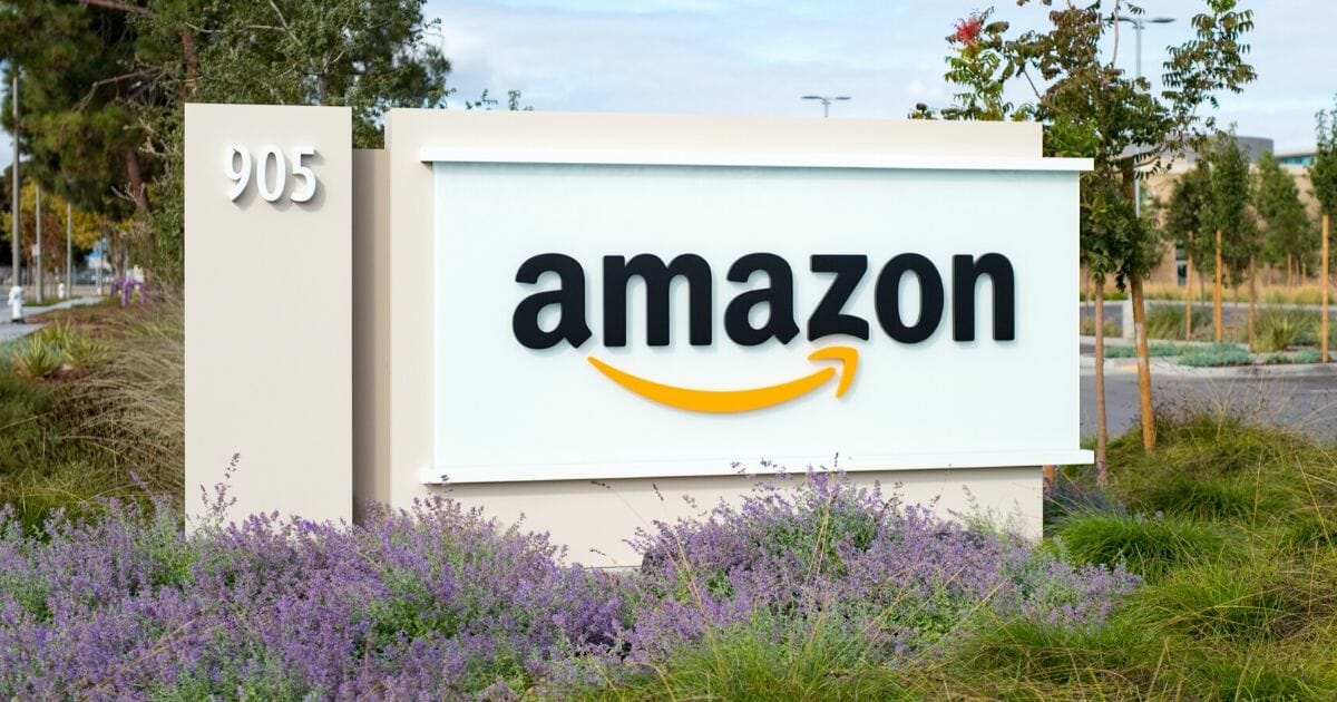 An Amazon sign advertises the company's presence at its regional headquarters in the Silicon Valley town of Sunnyvale, California.