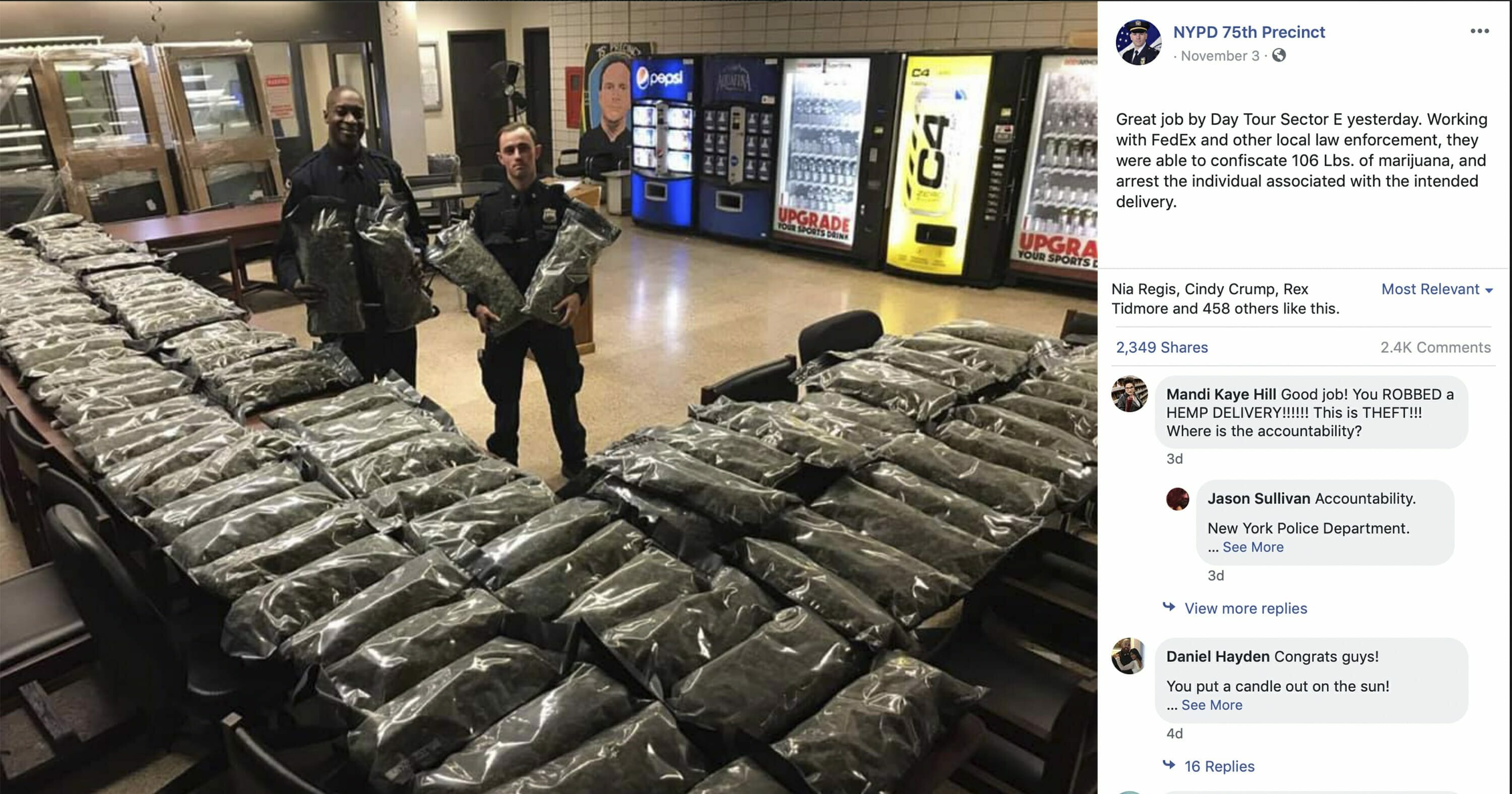 In this undated photo taken from the New York Police Department Facebook page, officers stand by what the NYPD thought was marijuana when they confiscated it in the Brooklyn borough of New York. The Vermont farm that grew the plants and the Brooklyn CBD shop that ordered them insist they're not pot, but legal industrial hemp.