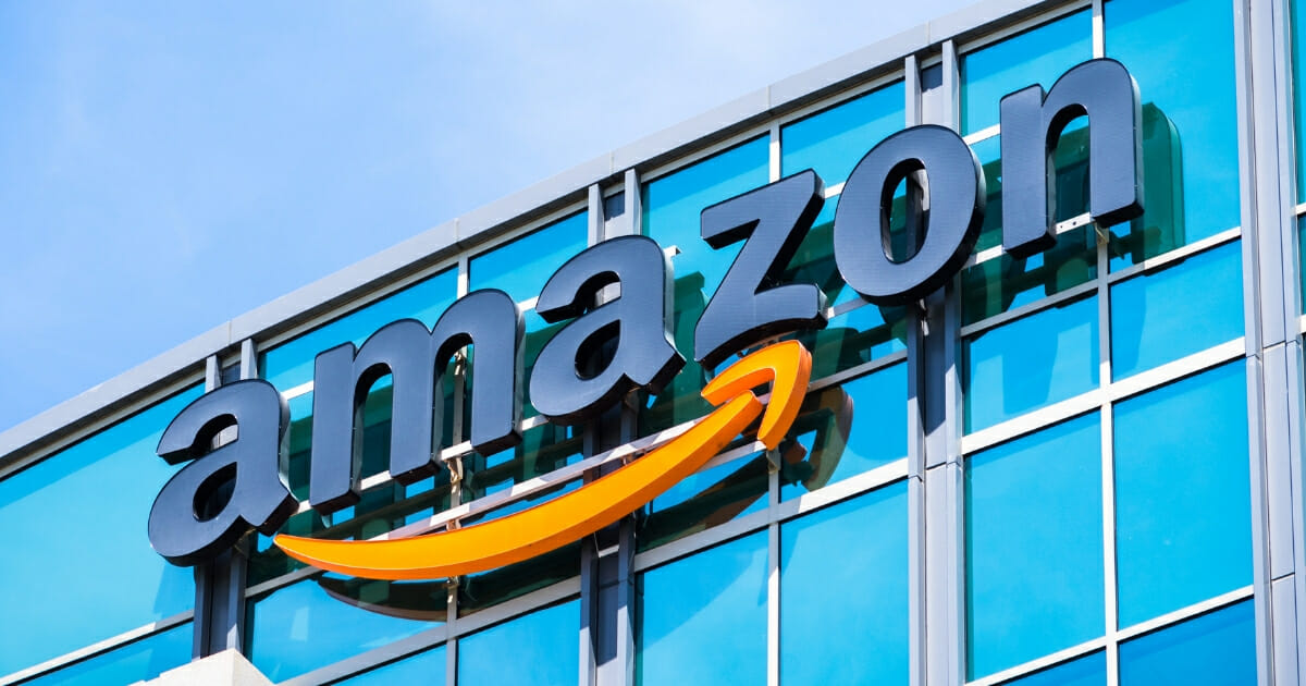 Amazon's logo is displayed on the facade of one of the online retailer's office buildings in Sunnyvale, California.