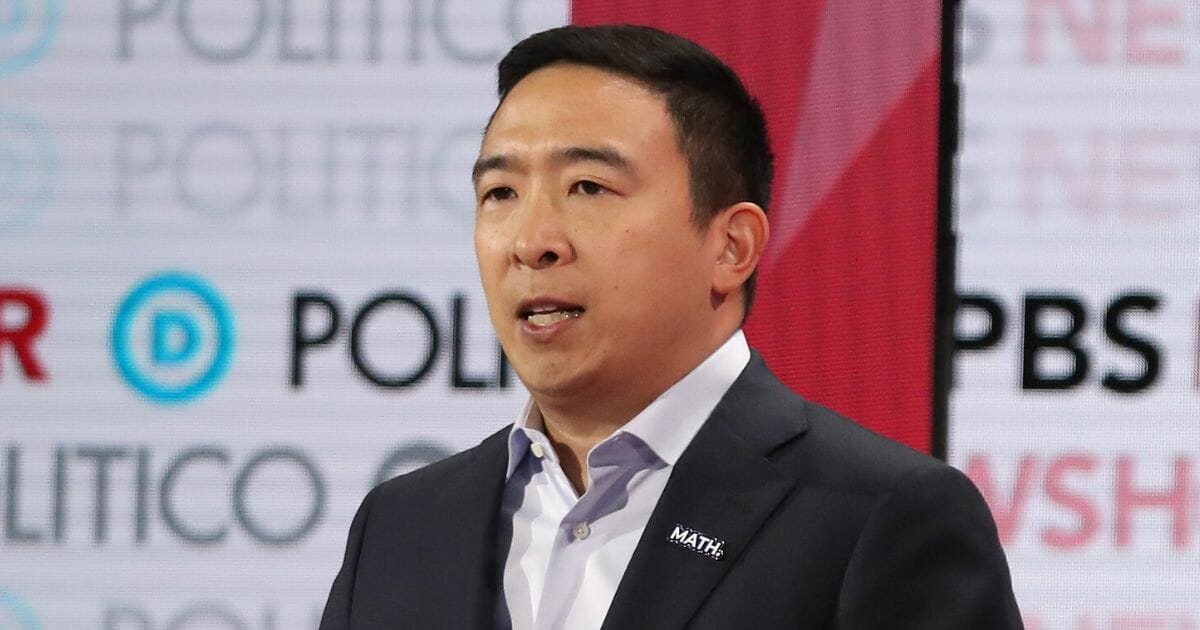 Democratic presidential candidate former tech executive Andrew Yang speaks during the Democratic presidential primary debate at Loyola Marymount University on Dec. 19, 2019, in Los Angeles, California.