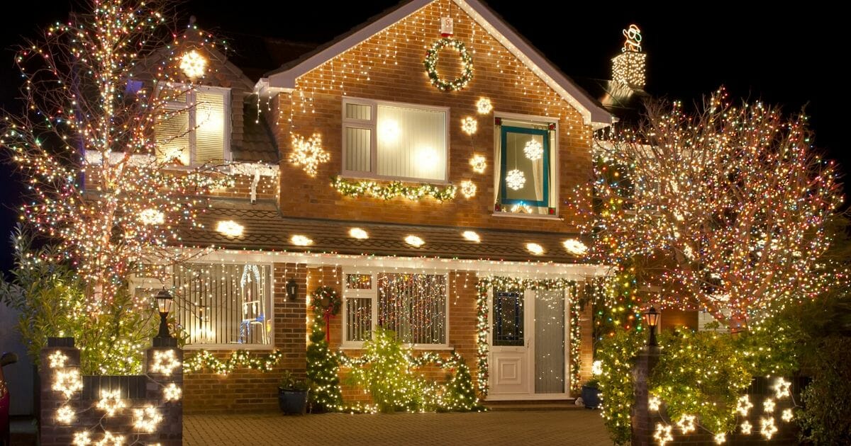 A house decked out in lights.