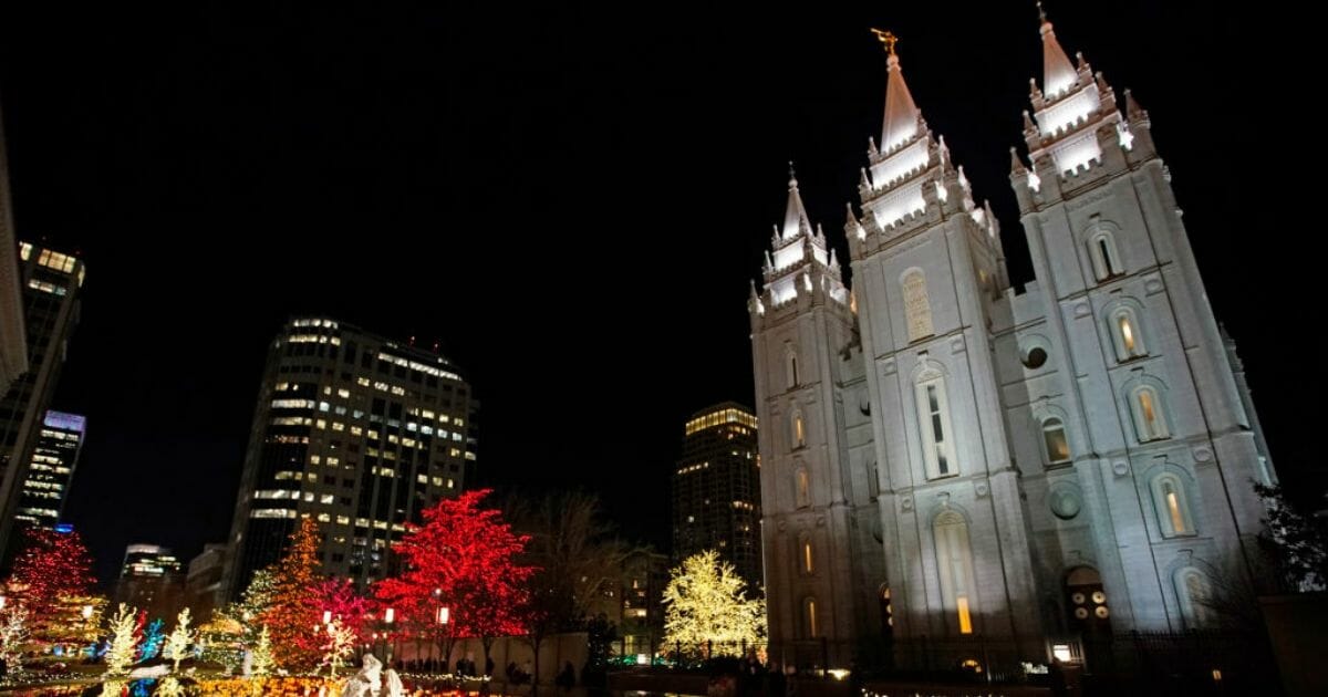 The Church of Jesus Christ of Latter-Day Saints' historic Mormon Salt Lake Temple is shown here with a Christmas light display on Dec. 17, 2019.