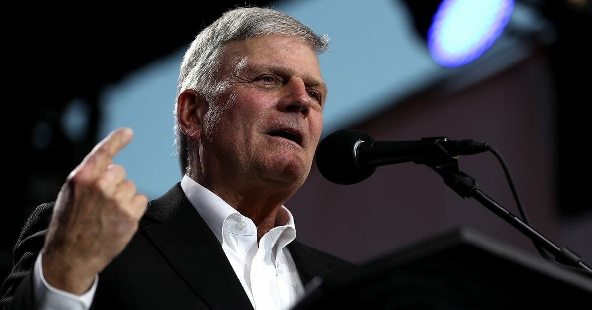 Rev. Franklin Graham speaks during Franklin Graham's "Decision America" California tour at the Stanislaus County Fairgrounds on May 29, 2018, in Turlock, California.