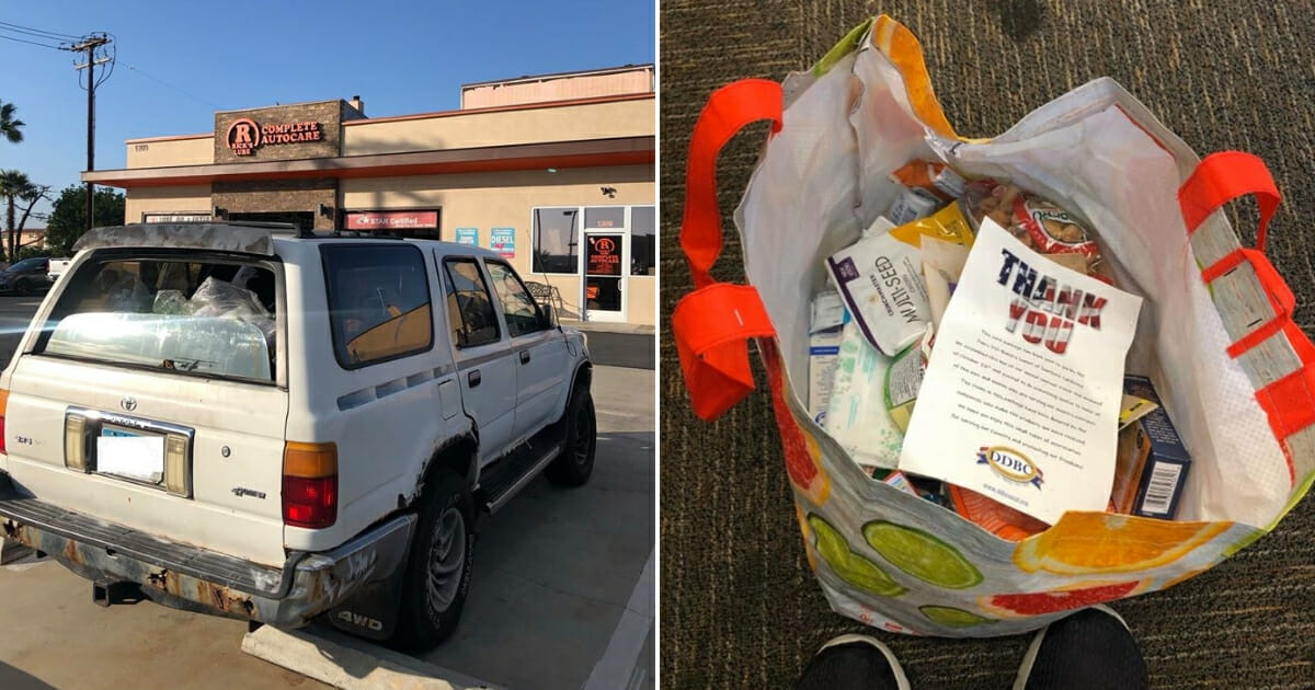 The veteran's SUV, left, and a bag of donations for him with a "thank you" note.