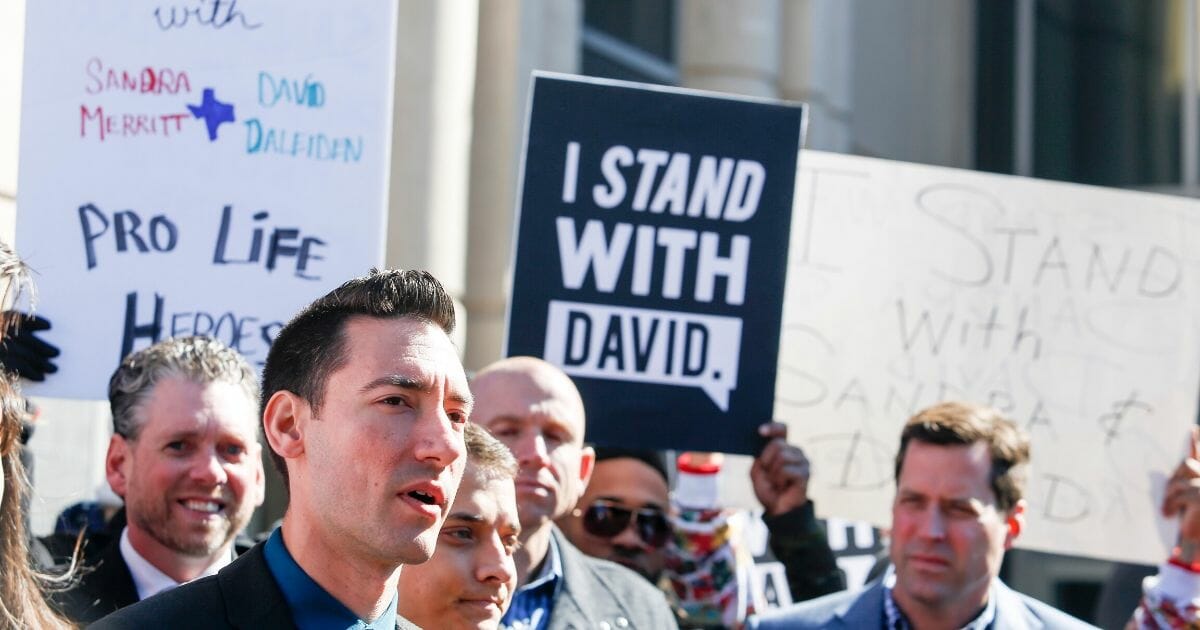 In a file photo, David Daleiden, head of the pro-life Center for Medical Progress, addresses the media outside the Harris County, Texas, courthouse in 2016.