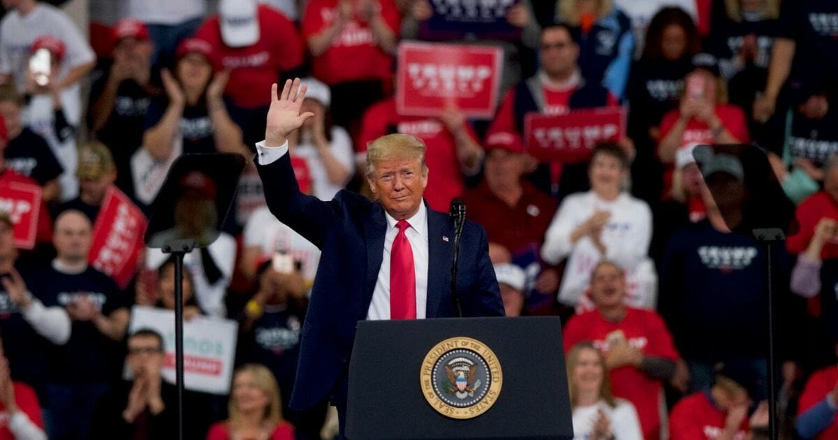 President Donald Trump waves during a campaign rally on Dec. 10, 2019 in Hershey, Pennsylvania.