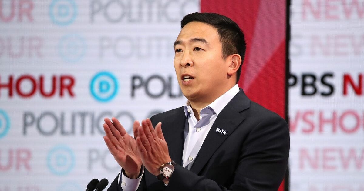 Democratic presidential candidate former tech executive Andrew Yang speaks during the Democratic presidential primary debate at Loyola Marymount University on Dec. 19, 2019, in Los Angeles.