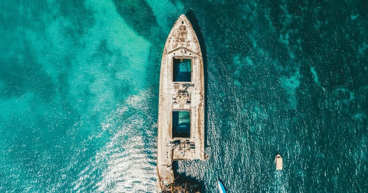 An aerial drone view of a shipwreck.