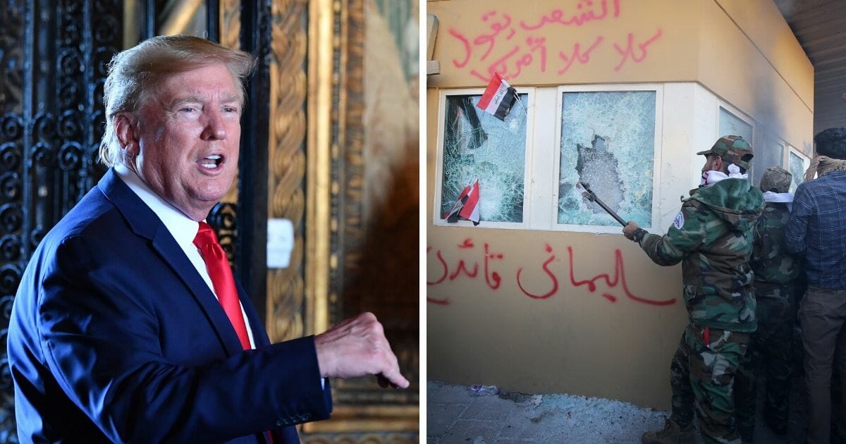 Left, President Donald Trump delivers a Christmas Eve message to American armed forces on Dec. 24. Right, Iraqi militants attack the U.S. Embassy in Baghdad on Tuesday.