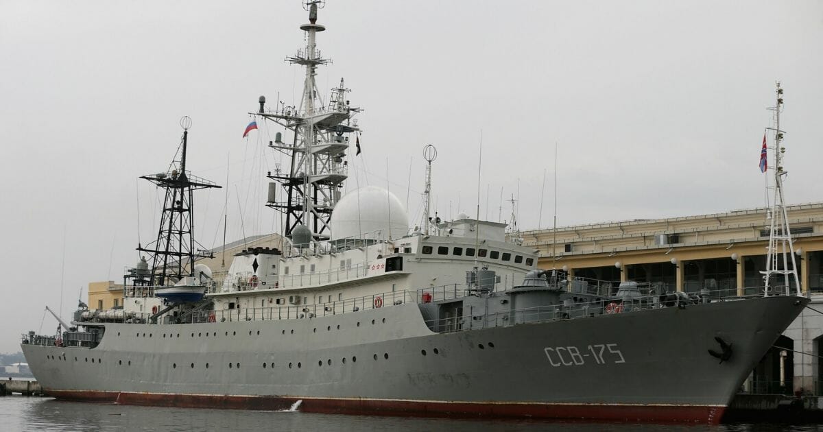 The Viktor Leonov CCB-175, a Russian Navy intelligence warship, is docked to a pier in Old Havana on Jan. 20, 2015, in Havana, Cuba.