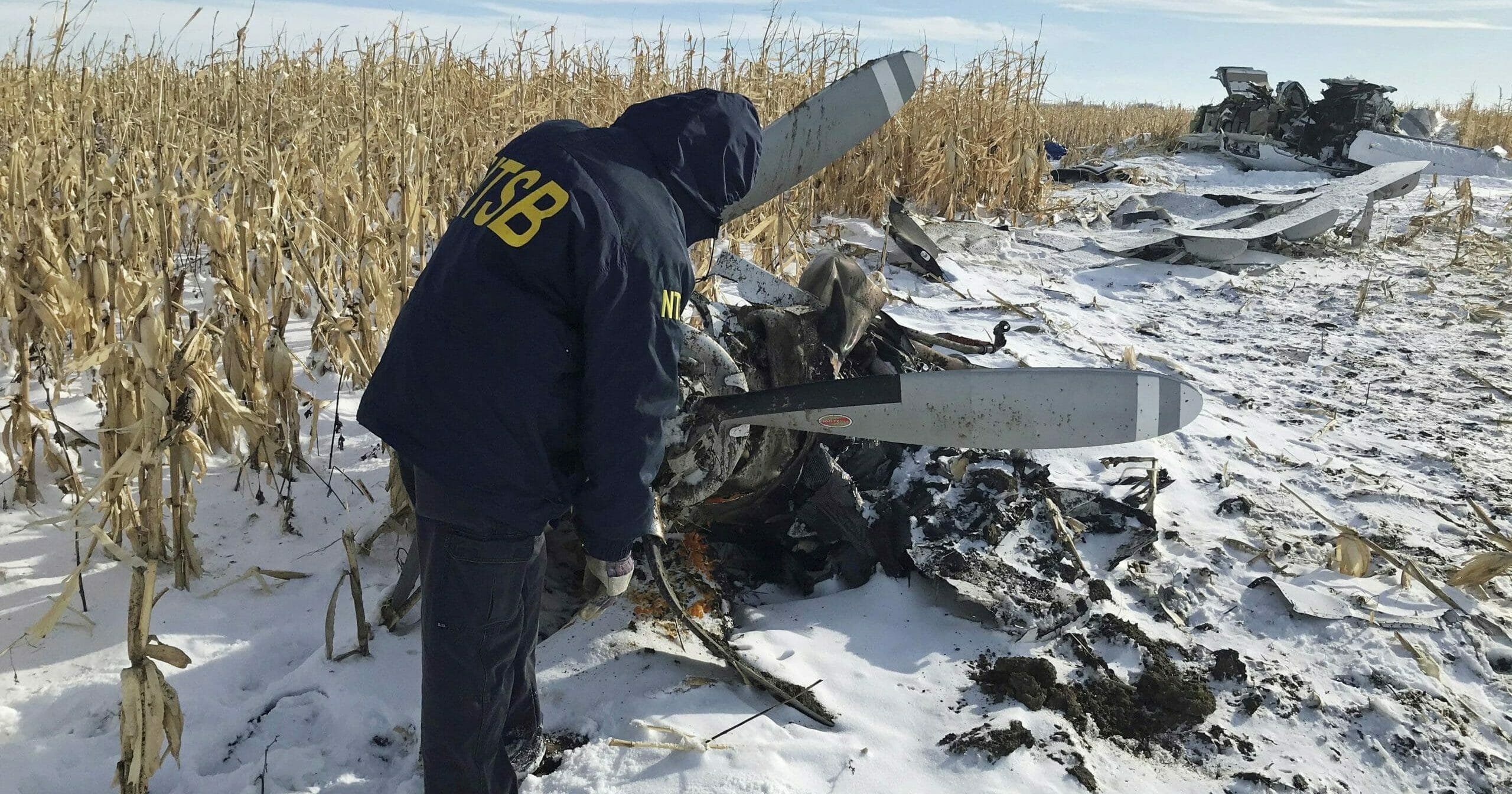 A National Transportation Safety Board air safety investigator begins the initial examination Dec. 2, 2019, of the wreckage of the Pilatus PC-12 that crashed in Chamberlain, South Dakota, on Nov. 30, 2019.