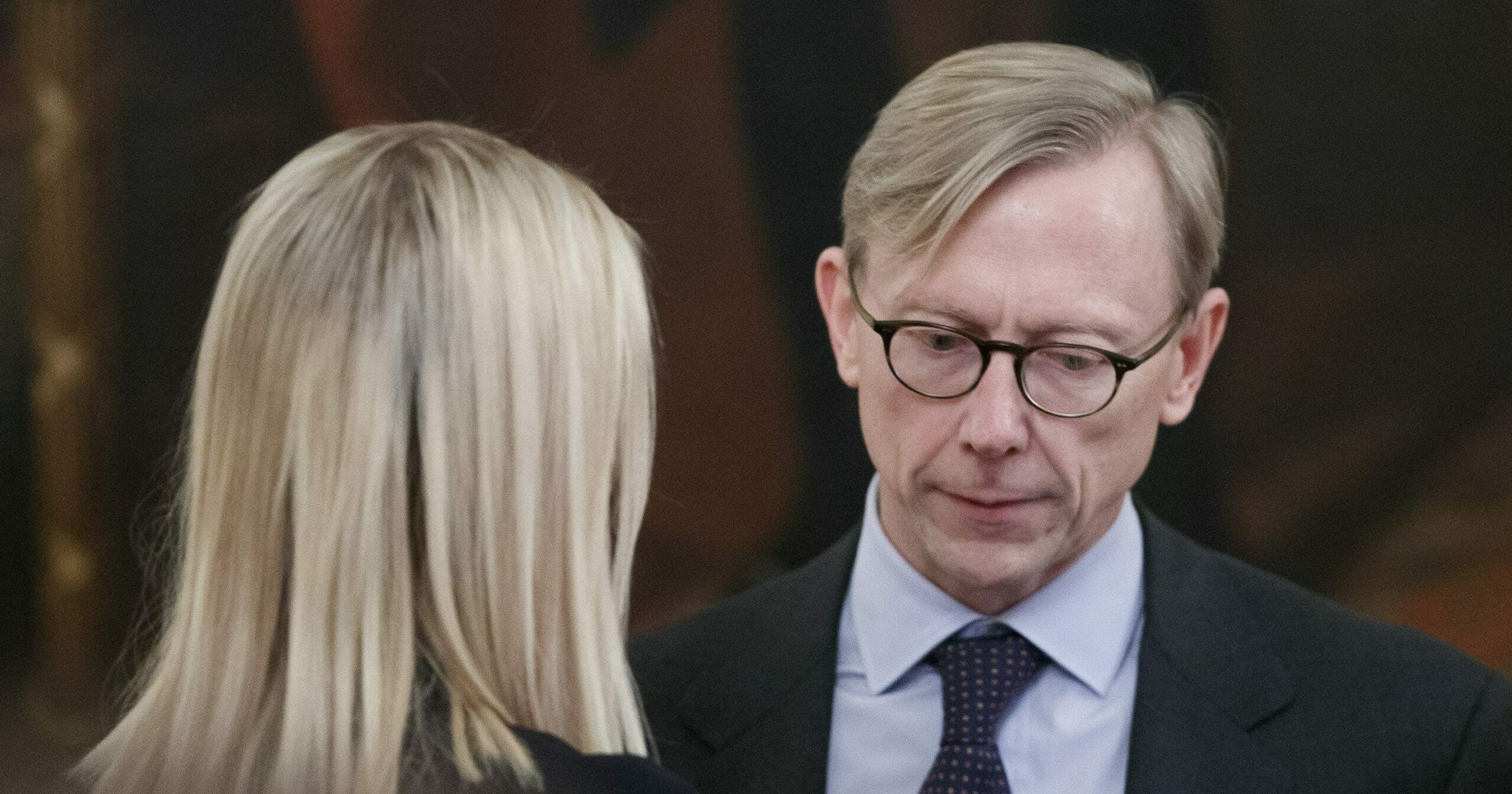 Ivanka Trump, left, the daughter of and assistant to President Donald Trump, talks with Brian Hook, U.S. special representative for Iran, before an event with President Donald Trump and Israeli Prime Minister Benjamin Netanyahu in the East Room of the White House in Washington on Jan. 28, 2020, to announce the Trump administration's much-anticipated plan to resolve the Israeli-Palestinian conflict.