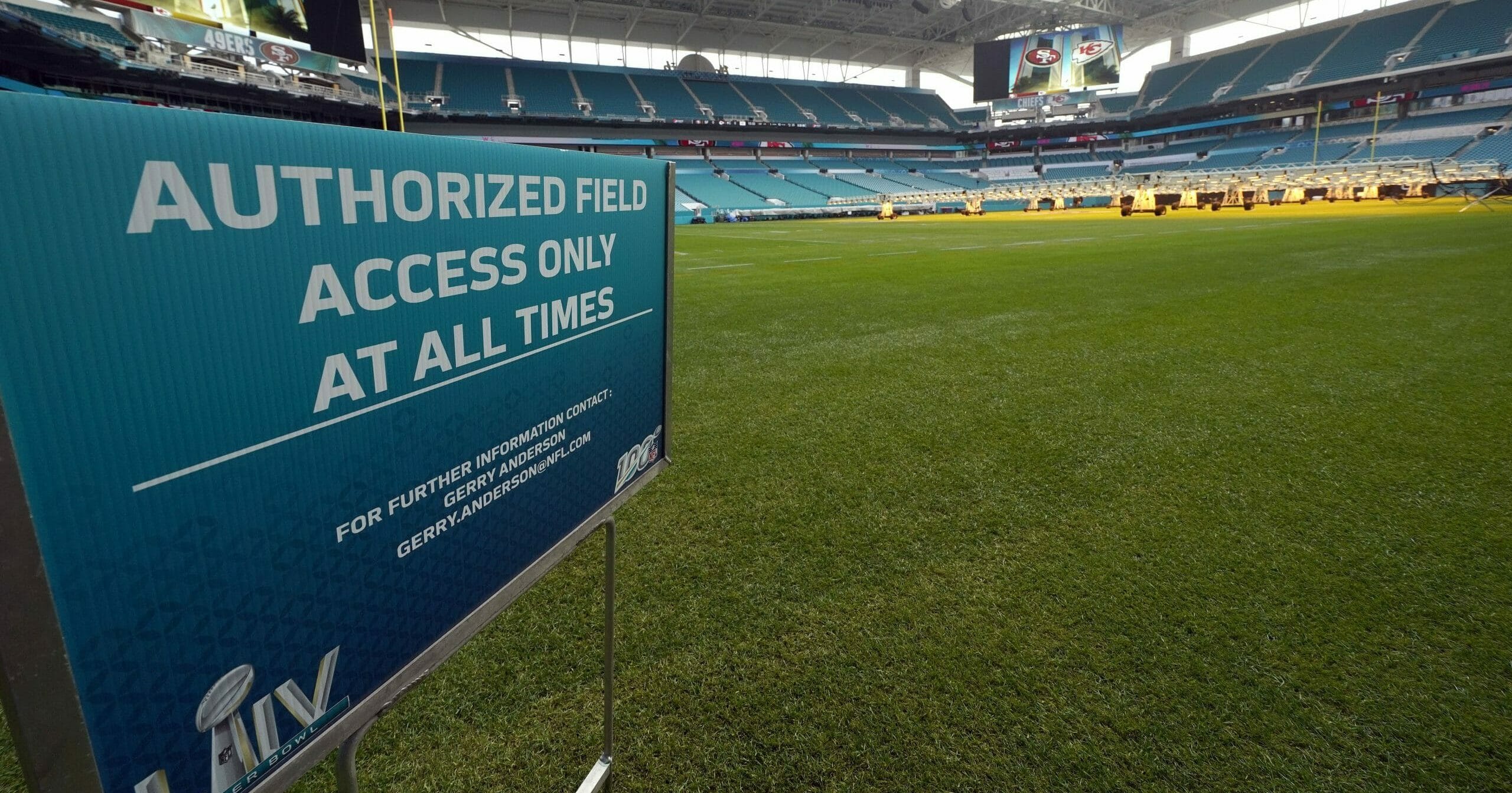 Hard Rock Stadium is shown during a tour for the media on Jan. 28, 2020, in Miami Gardens, Florida, in preparation for the NFL Super Bowl LIV football game.