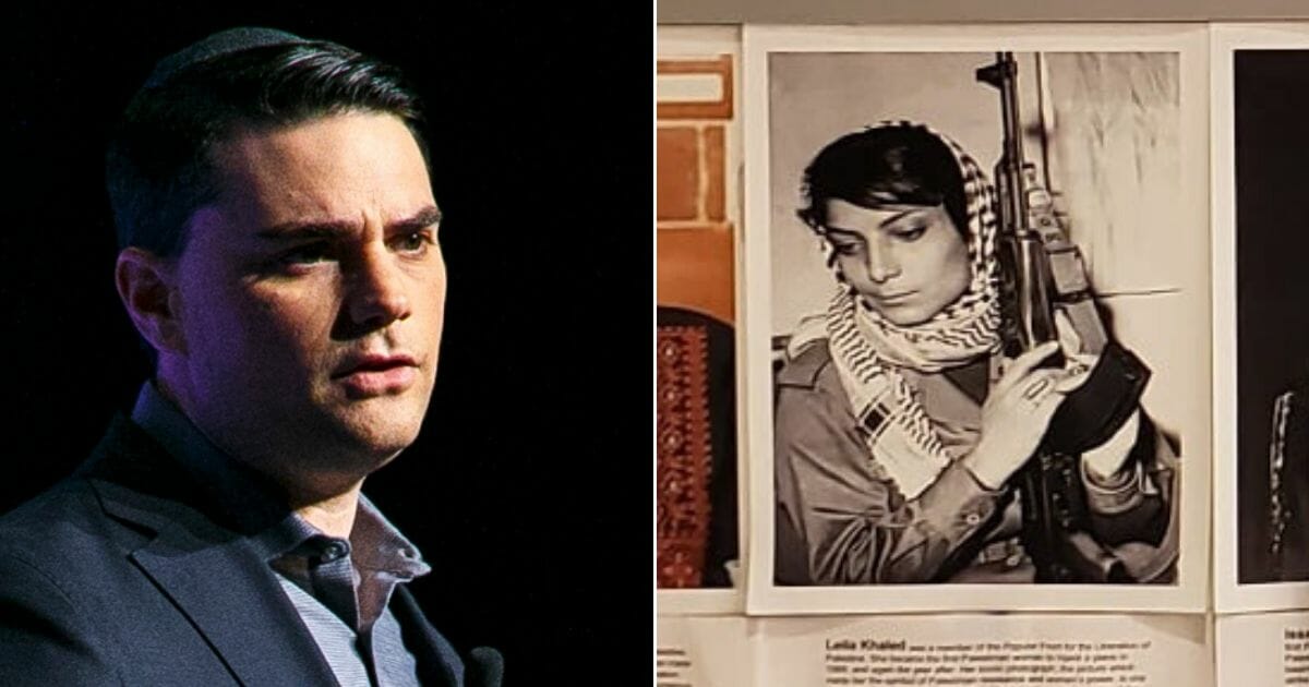 Conservative commentator Ben Shapiro, left, and a University of California, Berkeley, shrine to Palestinian terrorists such as Leila Khaled, right.