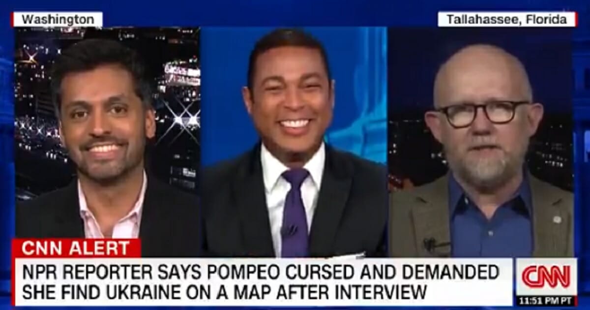 CNN's Don Lemon, center, laughs as he and New York Times columnst Wajahat Ali, left, and Republican NeverTrumper Rick Wilson mock supporters of President Donald Trump.