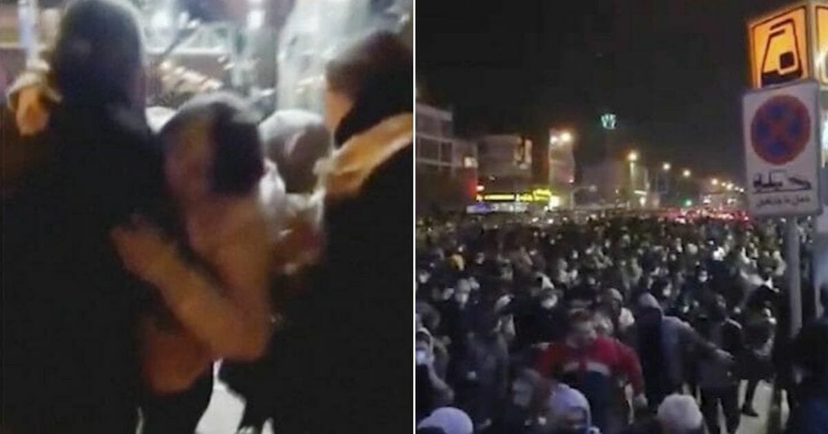 At left, an image from a video shows protesters carrying an injured woman to the sidewalk's edge near Azadi Square in Tehran, Iran. At right, a crowd near Azadi flees from Iranian police.