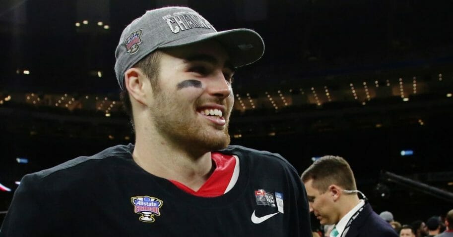 Quarterback Jake Fromm reacts after leading the Georgia Bulldogs to a 26-14 victory over the Baylor Bears in the Sugar Bowl at the Mercedes-Benz Superdome in New Orleans on Jan. 1, 2020.