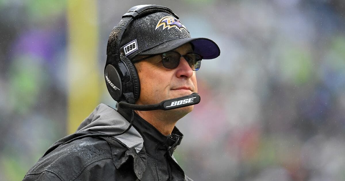 Head coach John Harbaugh of the Baltimore Ravens watches from the sidelines during the game against the Seattle Seahawks at CenturyLink Field on Oct. 20, 2019, in Seattle, Washington.
