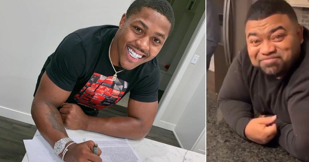 Oakland Raiders rookie Josh Jacobs, left, and his father, Marty, right.