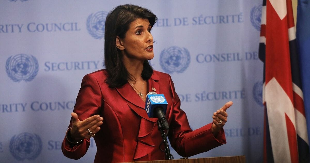 Then-United Nations Ambassador Nikki Haley speaks to the media on Sept. 20, 2018, in New York City.