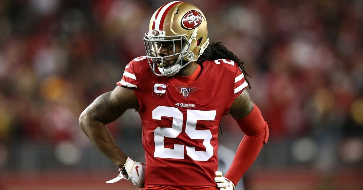 Richard Sherman #25 of the San Francisco 49ers stands on the field against the Green Bay Packers during the NFC championship game at Levi's Stadium on Jan. 19, 2020, in Santa Clara, California.