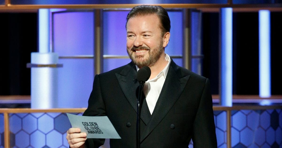 Ricky Gervais speaks onstage during the Golden Globe Awards at the Beverly Hilton Hotel in Beverly Hills, California, on Jan. 5, 2020.