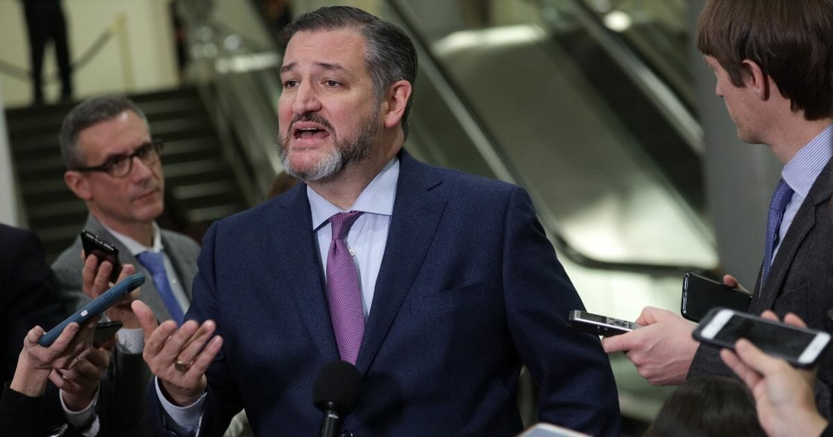 Sen. Ted Cruz (R-Texas) speaks to members of the media during a recess in President Donald Trump's impeachment trial at the U.S. Capitol on Jan. 21, 2020, in Washington, D.C.