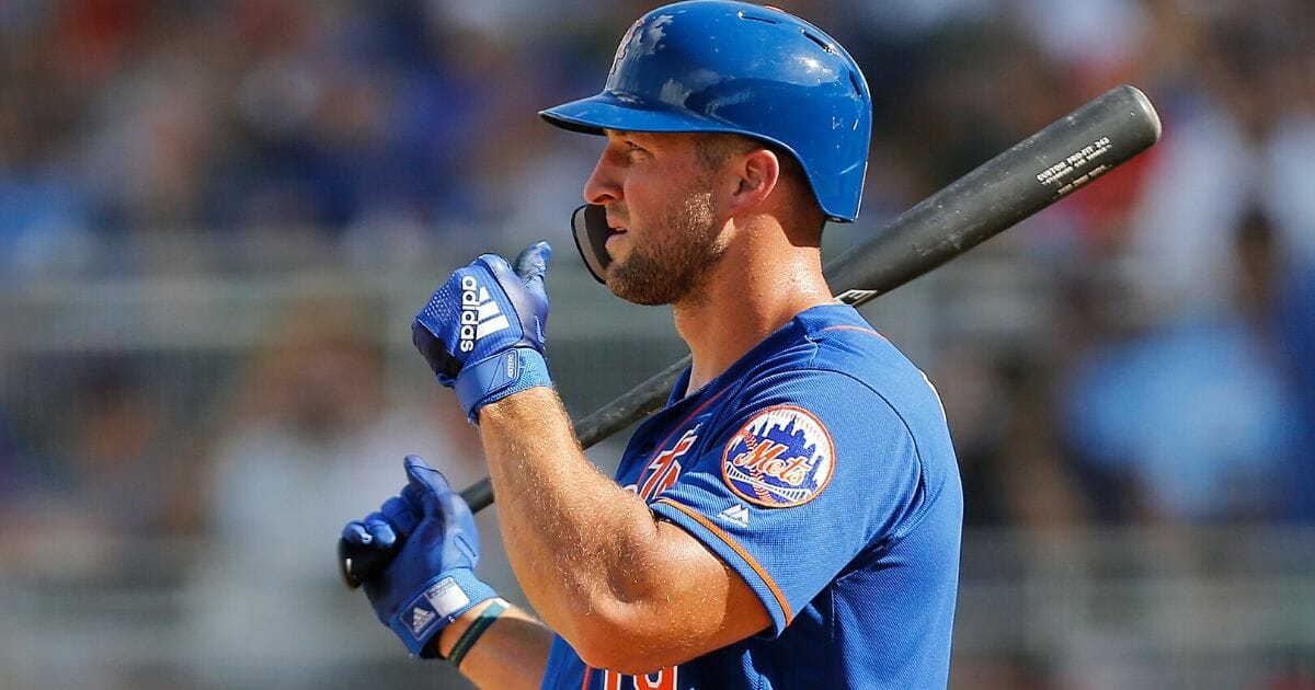 Tim Tebow of the New York Mets in action against the Boston Red Sox during the Grapefruit League spring training game at JetBlue Park at Fenway South on March 9, 2019, in Fort Myers, Florida.