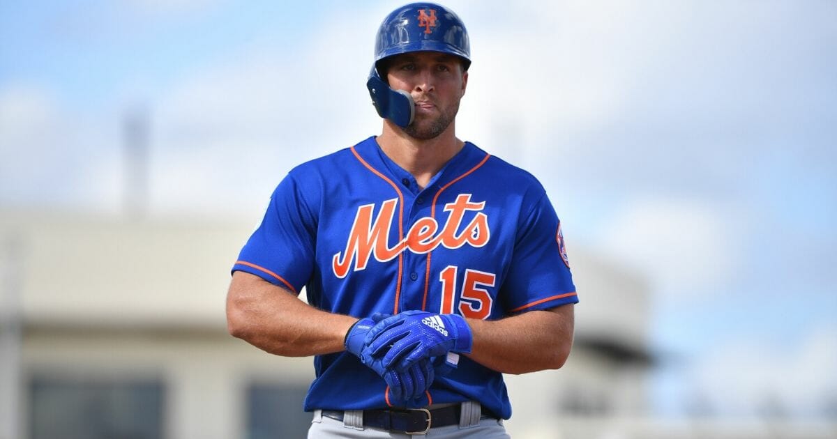 Tim Tebow of the New York Mets at bat during a spring training game against the Washington Nationals at The Ballpark of the Palm Beaches on March 7, 2019, in West Palm Beach, Florida.