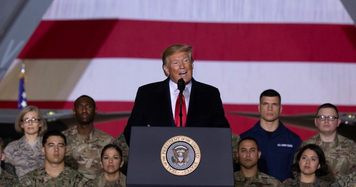 President Donald Trump is pictured in a Dec. 20 file photo speaking at Joint Base Andrews in Maryland just before signing the National Defense Authorization Act for the 2020 fiscal year.