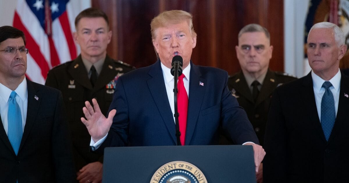 President Donald Trump speaks about the situation with Iran in the Grand Foyer of the White House in Washington, D.C., on Jan. 8, 2020.