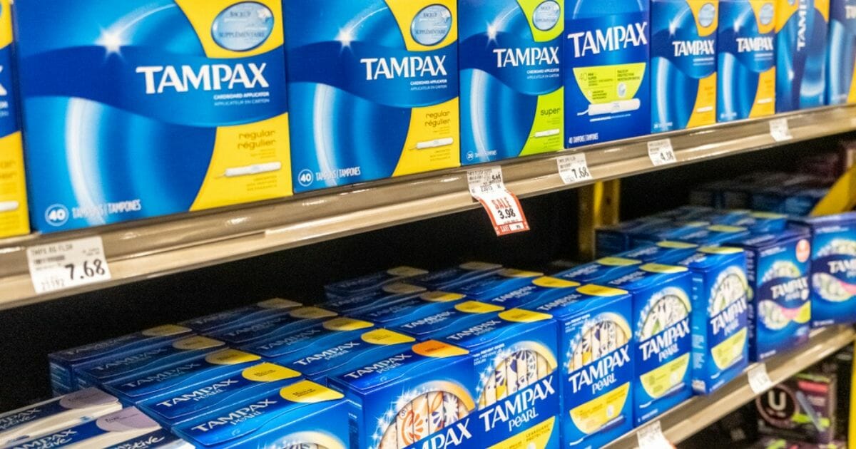 Stock image of Tampax-brand tampons on a supermarket shelf in Los Angeles.