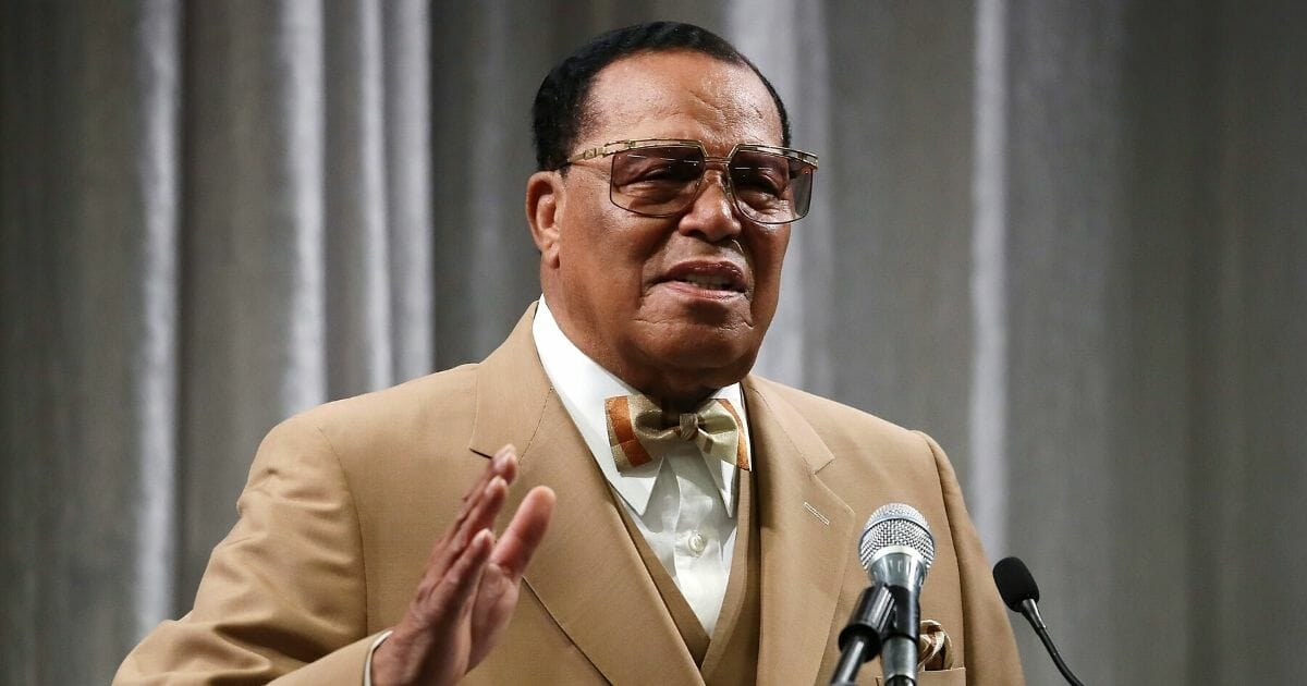 Nation of Islam leader Louis Farrakhan delivers a speech in a file photo from November 2017 in Washington.