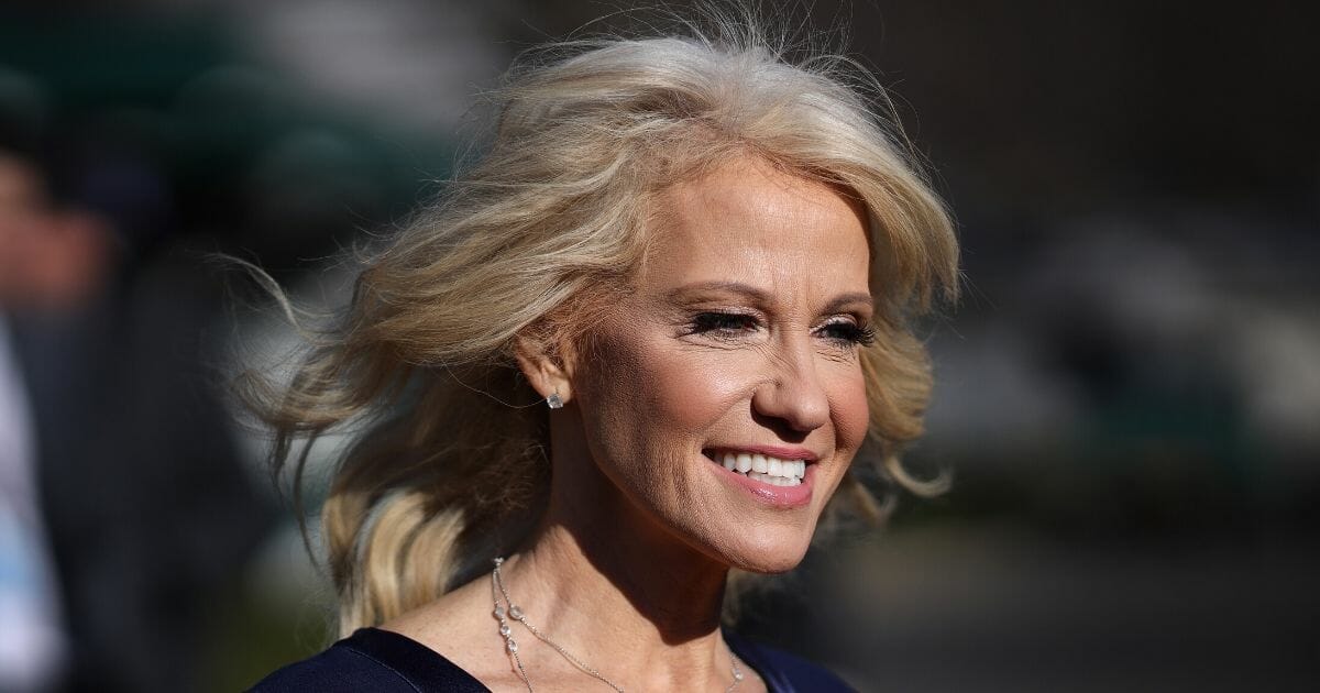 White House counselor Kellyanne Conway walks to a brief news conference with reporters outside the White House on Jan. 16, 2020, in Washington, D.C.