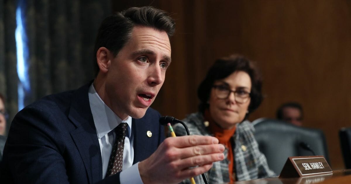 Missouri Sen. Josh Hawley asks a question during the confirmation hearing for Peter Gaynor to be the next director of the Federal Emergency Management Administration in November.