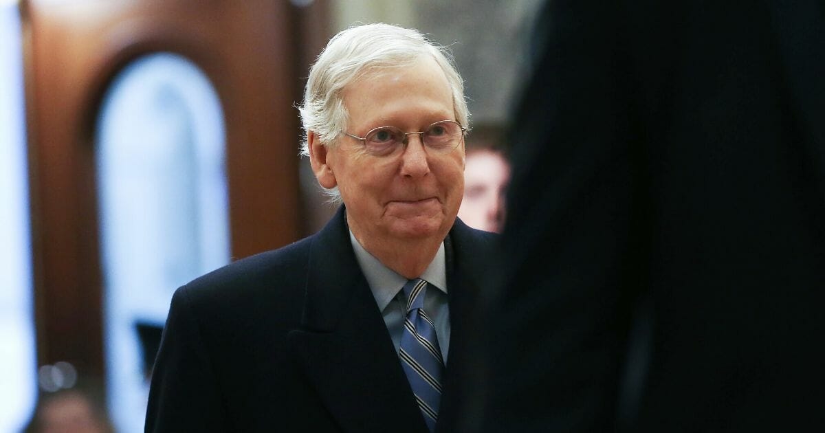 Senate Majority Leader Sen. Mitch McConnell arrives at the U.S. Capitol as the Senate impeachment trial of U.S. President Donald Trump continues on Jan. 31, 2020, in Washington, D.C.