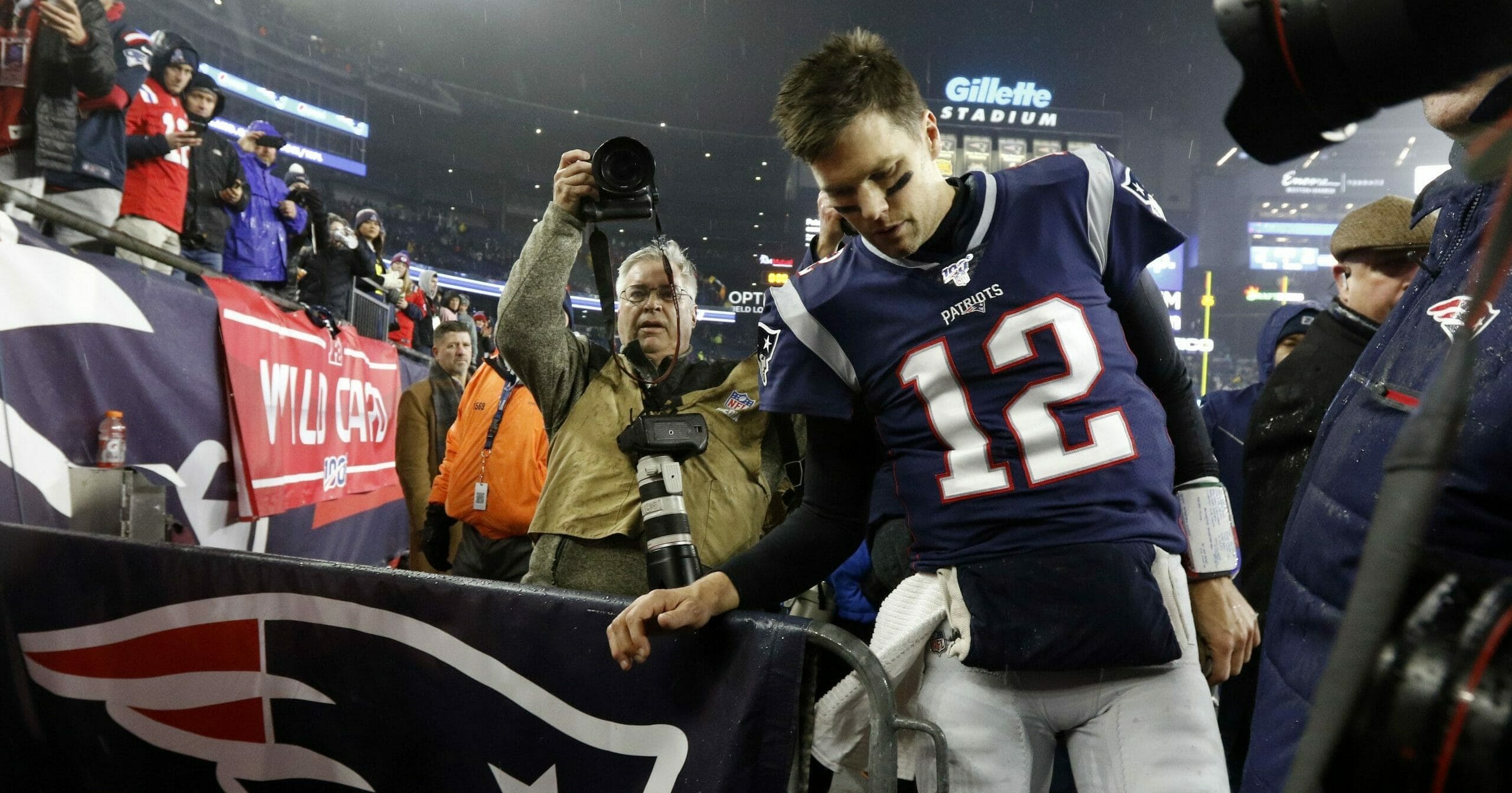 New England Patriots quarterback Tom Brady leaves the field after losing a wild-card playoff game to the Tennessee Titans on Jan. 4, 2020, at Gillette Stadium