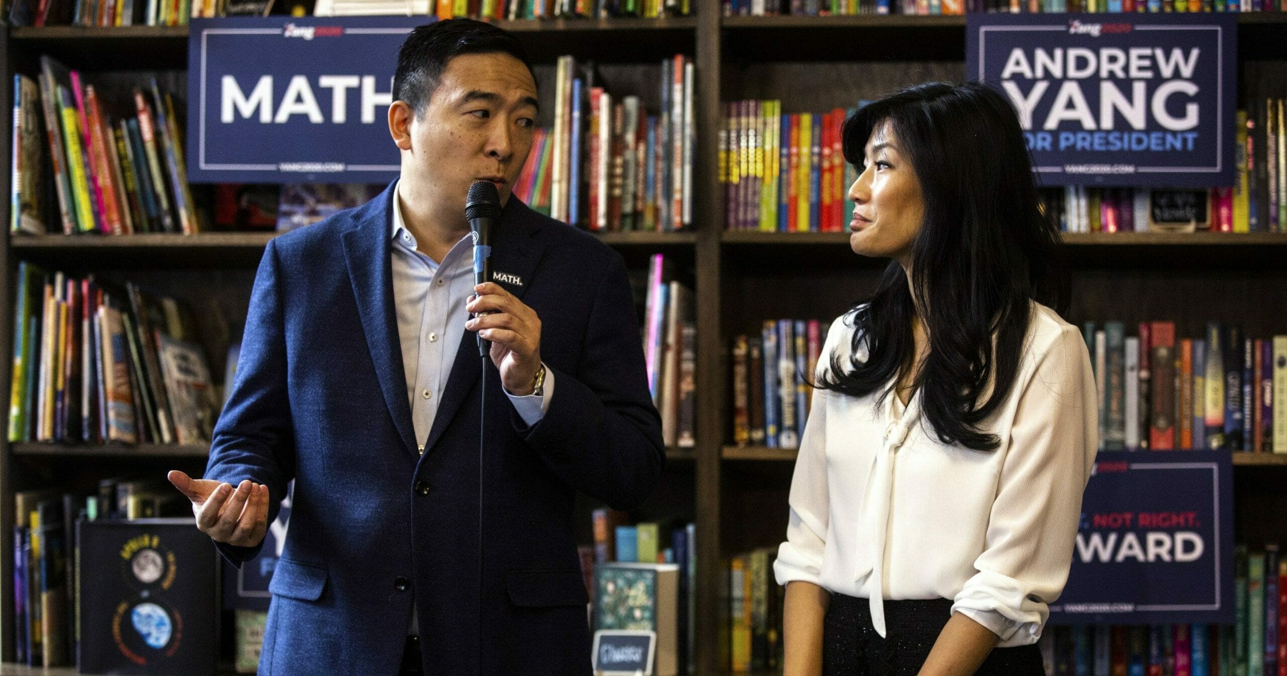 Democratic presidential candidate businessman Andrew Yang and his wife, Evelyn, speak during the "Family and Autism: An Honest Conversation" event at Sidekick Coffee & Books in Iowa City, Iowa, on Dec. 14, 2019.