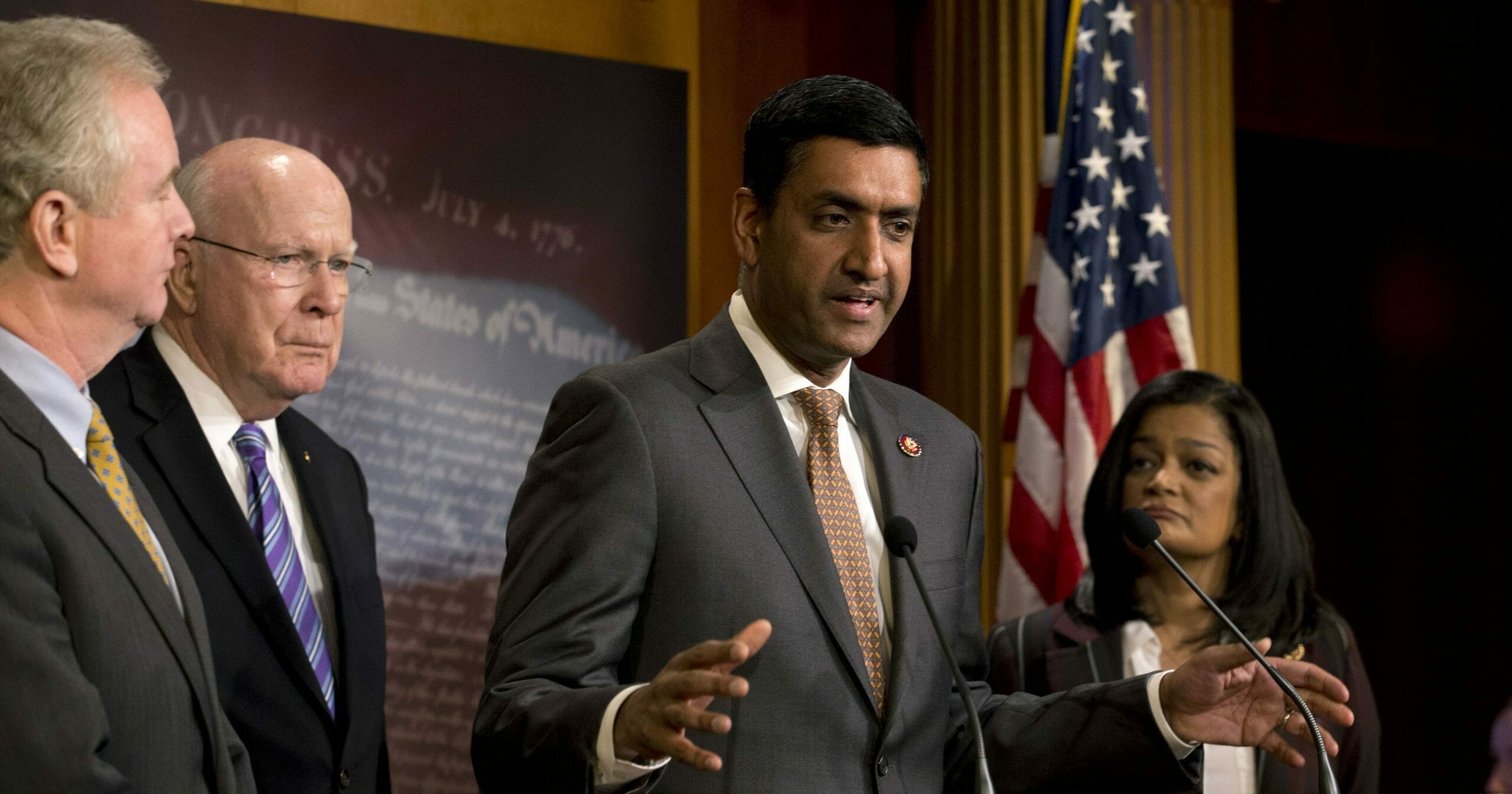 Democratic Rep. Ro Khanna of California, accompanied by Sen. Chris Van Hollen of Maryland, Sen. Patrick Leahy of Vermont and Rep. Pramila Jayapal of Washington, speaks during a news conference on a measure limiting President Donald Trump's ability to take military action against Iran on Capitol Hill in Washington on Jan. 9, 2020.