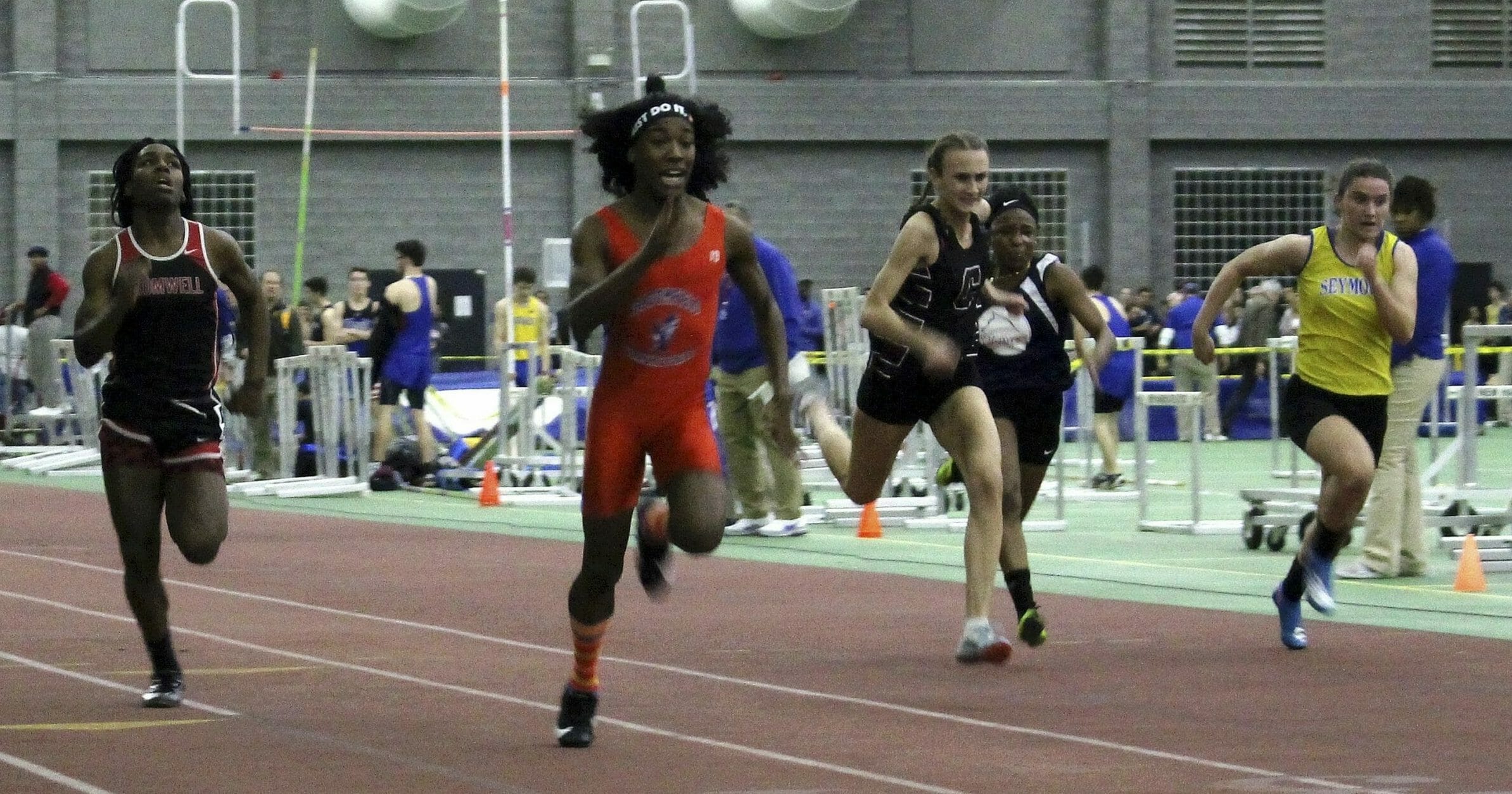 Bloomfield High School transgender athlete Terry Miller, second from left, wins the final of the 55-meter dash over transgender athlete Andraya Yearwood, far left, and female runners in the Connecticut girls Class S indoor track meet at Hillhouse High School in New Haven on Feb. 7, 2019.