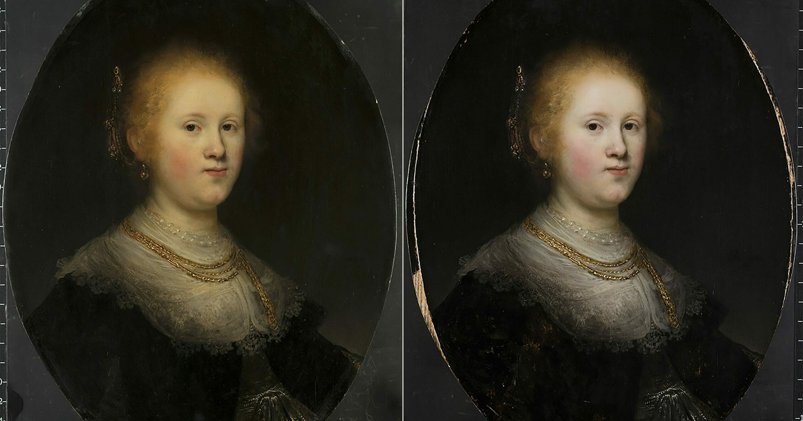 This photo combo provided by Allentown Art Museum shows from left, before and after restoration of a painting called "Portrait of a Young Woman."