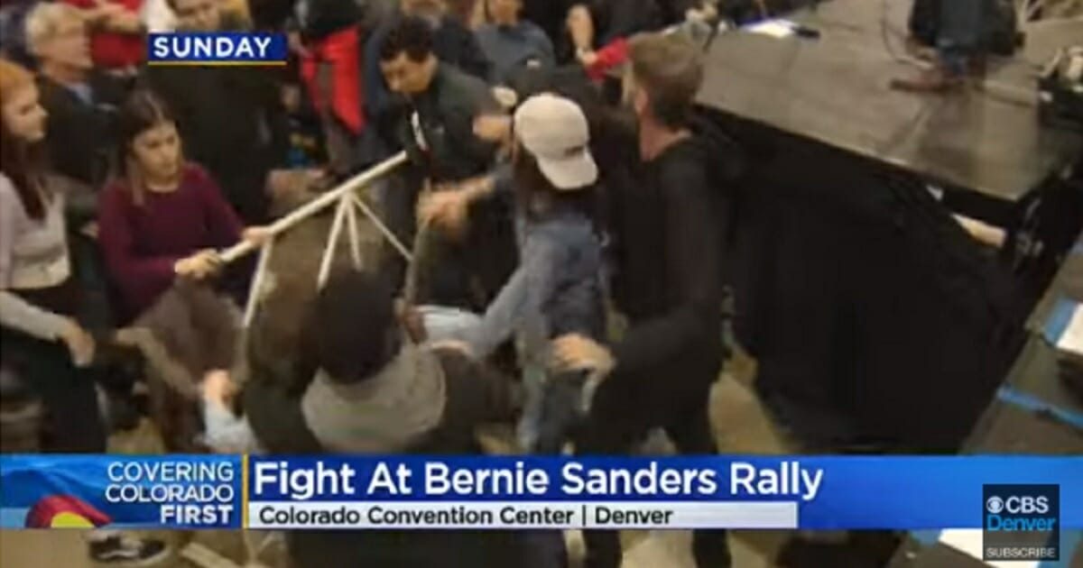 A Bernie Sanders supporter scuffles with a pro-gun black demonstrator Sunday during a Sanders rally in Colorado.