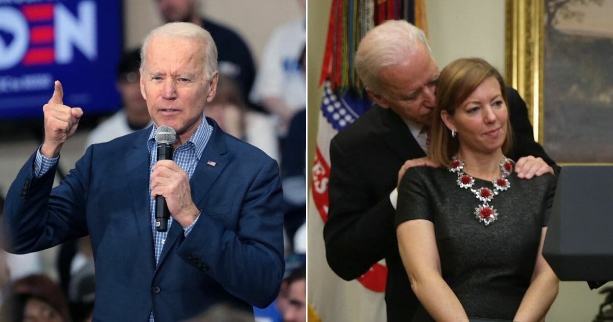 Democratic presidential candidate and former Vice President Joe Biden speaks during a campaign stop at Coastal Carolina University in Conway, South Carolina, on Feb. 27, 2020, left, and embraces Stephanie Carter, the wife of then-Defense Secretary Ashton Carter, during a White House ceremony on Feb. 17, 2015, right.