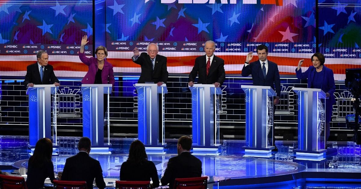 Candidates participate in the ninth Democratic primary debate of the 2020 presidential campaign season co-hosted by NBC News, MSNBC, Noticias Telemundo and The Nevada Independent at the Paris Theater in Las Vegas, Nevada, on Feb. 19, 2020.