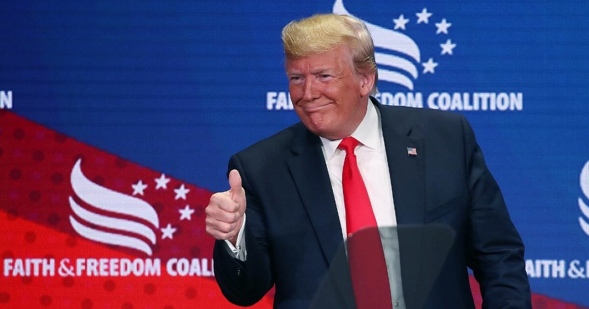 President Donald Trump gestures to the audience after speaking at the Faith & Freedom Coalition 2019 Road To Majority Policy Conference at the Marriott Wardman Park Hotel on June 26, 2019, in Washington, D.C.