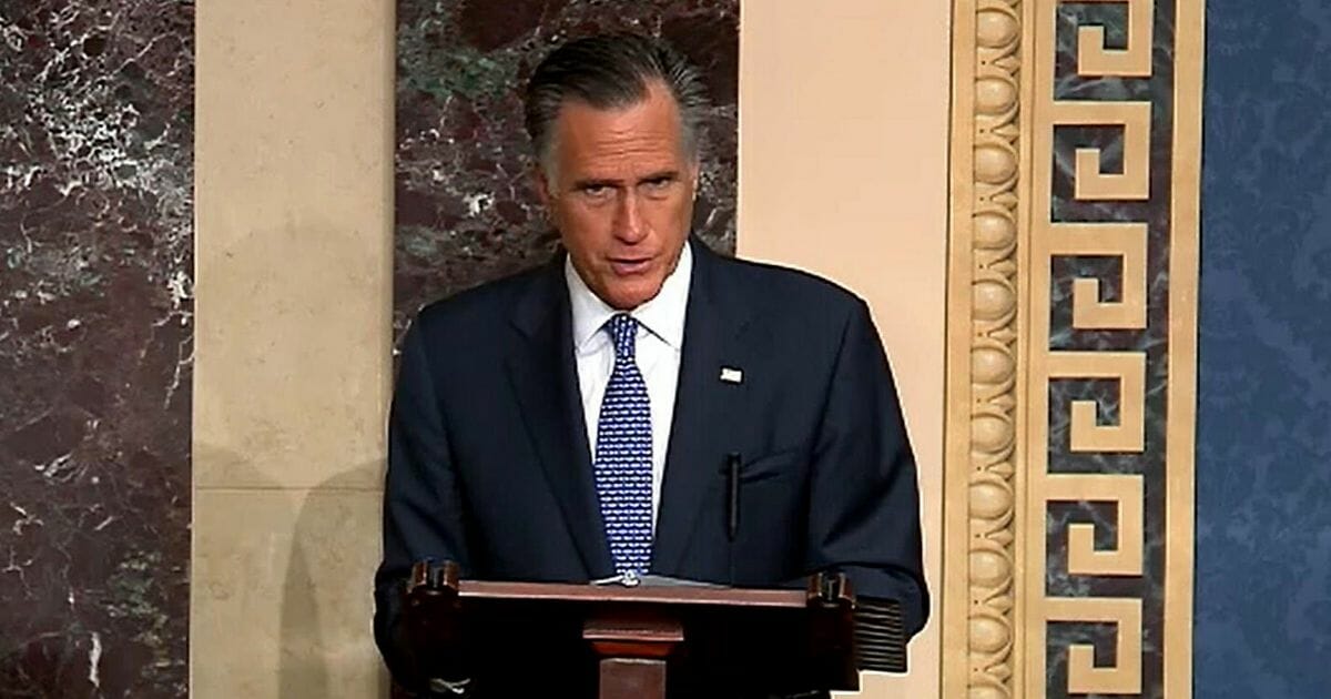 In this screengrab taken from a Senate Television webcast, Sen. Mitt Romney (R-UT) talks about how his faith guided his deliberations on the articles of impeachment during impeachment proceedings against U.S. President Donald Trump in the Senate at the U.S. Capitol on February 5, 2020 in Washington, DC.